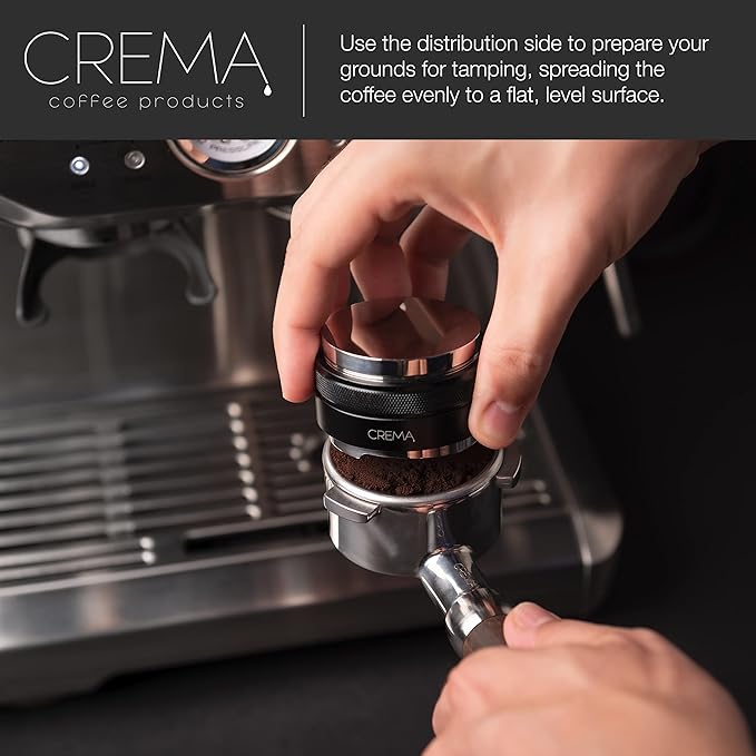 CREMA Coffee Products 53.3mm Hand Tamper & Coffee Distributor | Compatible with Breville Portafilters | Double-Sided, Adjustable Depth Tool | Made with Durable 304 Stainless Steel | Black