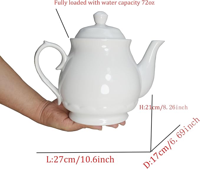 White Porcelain Teapot, 2L Large Tea Pot Coffee Tea Water Pot Vintage Lotus Ceramic Gooseneck Kettle (72oz)