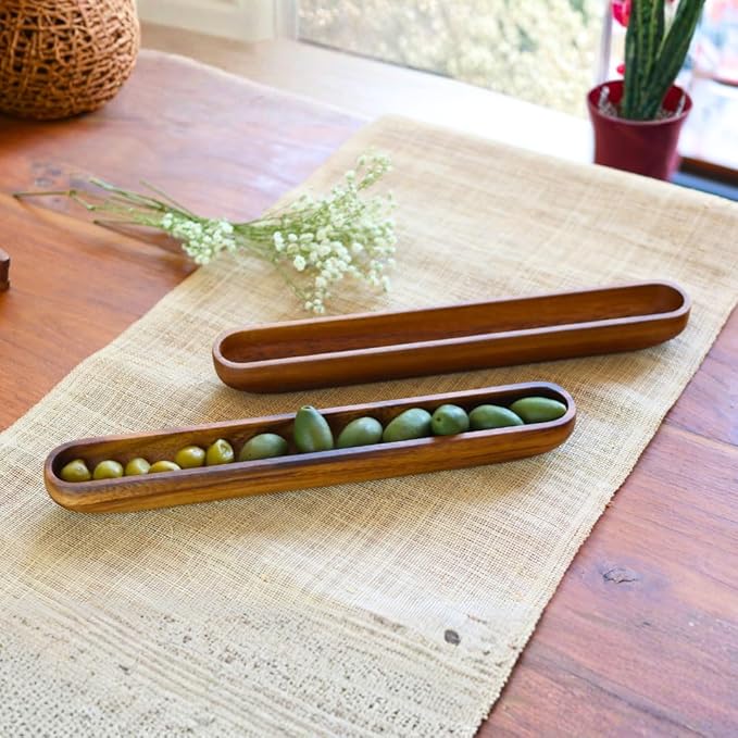 SiamMandalay Wooden Olive Tray Handmade Acacia Wood Olive Plate Long Canoe Boat Style Dish - Food Serving Platter Table Centrepiece