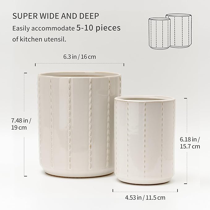 JIEMEI HOME Kitchen Utensil Holder, Large 7.5"+6.2" Bead Chain Ceramic Utensil Crock for Countertop, Utensil Holder with Cork Mat, Morden Utensil Organizer for Spatula, Kitchen Decor, Set of 2, White