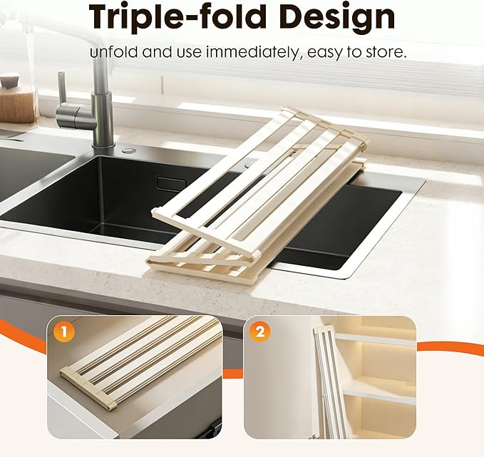 Foldable Over Sink Dish Drying Rack, Extra Wide & Thick Rust-Proof Aluminum Sink Cover for Counter Space, Collapsible Dish Drying Rack Fits Most Kitchen Sinks (White, 17.7“x13.6)