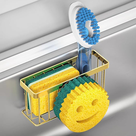 MURLONG Sponge Holder Smiley Face, Sink Caddy for Kitchen Sink, Sink Organizer Sponge Holder with 2 PCS Suction Cups/1 PCS Adhesive Strips, Designed for Sponge, Soap, Dish Brush, Scrubber-Gold