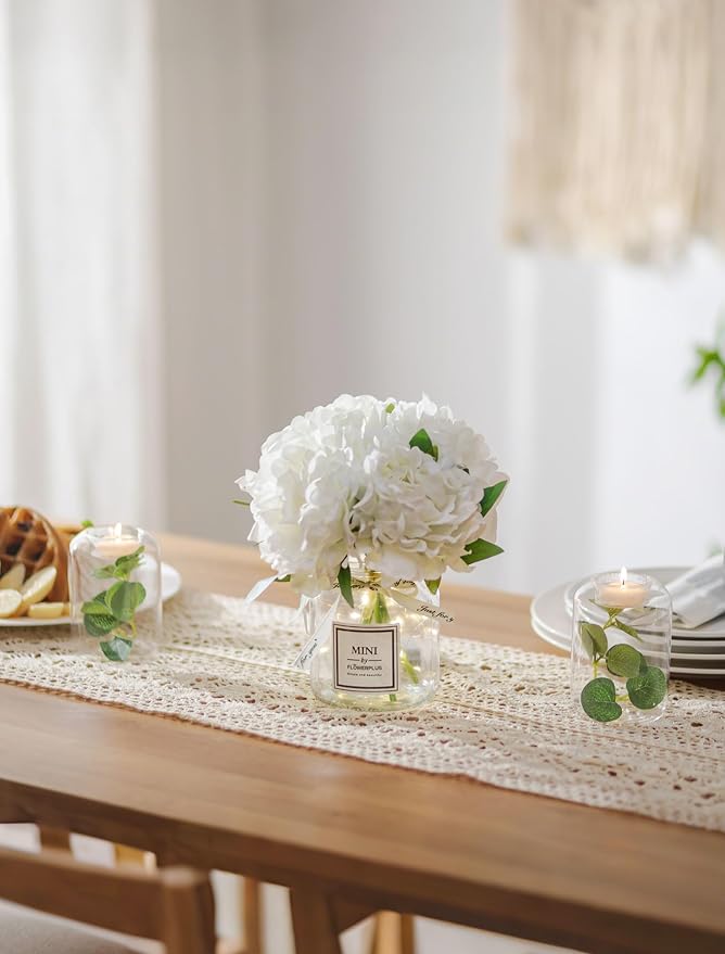 BLOSMON Fake Flowers in Vase for Table: White Artificial Hydrangea with Glass Vase LED Light for Centerpieces Decor - Small Faux Arrangements Desk Vanity Bathroom Office Decoration