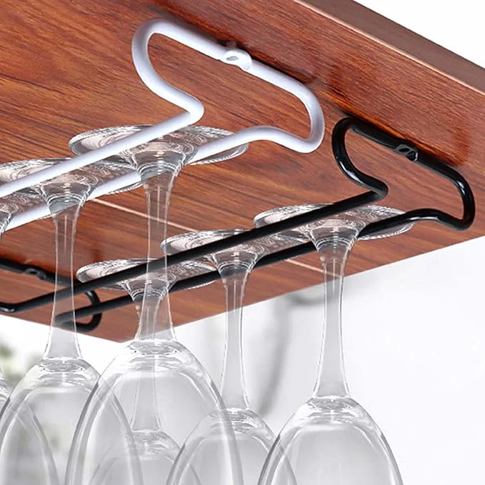 PINGEUI 8 Pack 10 Inch Under Cabinet Wine Glass Rack Shelf, Black Storage Stemware Holder, Metal Wine Glass Hanger for Kitchen and Bar