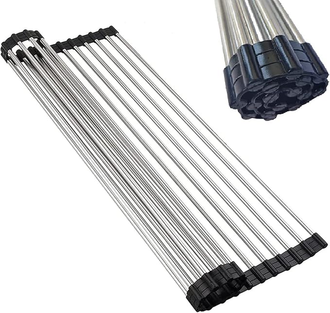 Roll up Dish Drying Rack Over The Sink Portable Stainless Still Rolling Rack Folding Mat for Kitchen Counter (Black, 17.7''LX11.8''W)