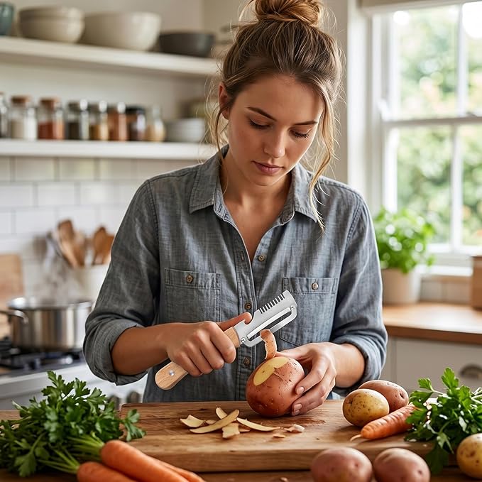 3-in-1 Vegetable Peeler with Wooden Handle - Stainless Steel Swivel Peeler, Julienne Shredder & Bottle Opener - Professional Kitchen Tool for Potatoes, Carrots, Zucchini & Salads