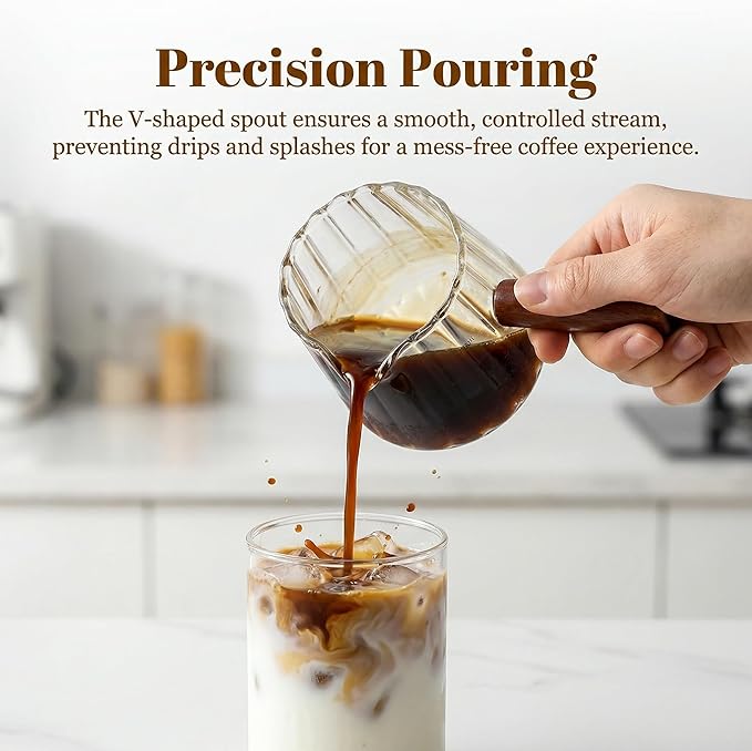 6 Oz Espresso Measuring Cup, Borosilicate Glass Espresso Shot Cup with Wood Handle, Clear Scale and V-Shaped Spout for Coffee, Milk Frothing, Syrup and Tea
