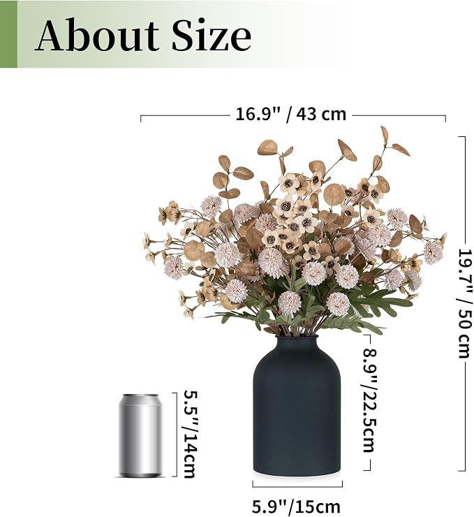 BLOSMON Beige Faux Flowers in Vase: Metal Vase with 12 Stems of Fake Mums Wax Eucalyptuses for Dining Table Centerpiece Decor - Artificial Silk Kiku Pom Poms Wild Farmhouse Floral Arrangements