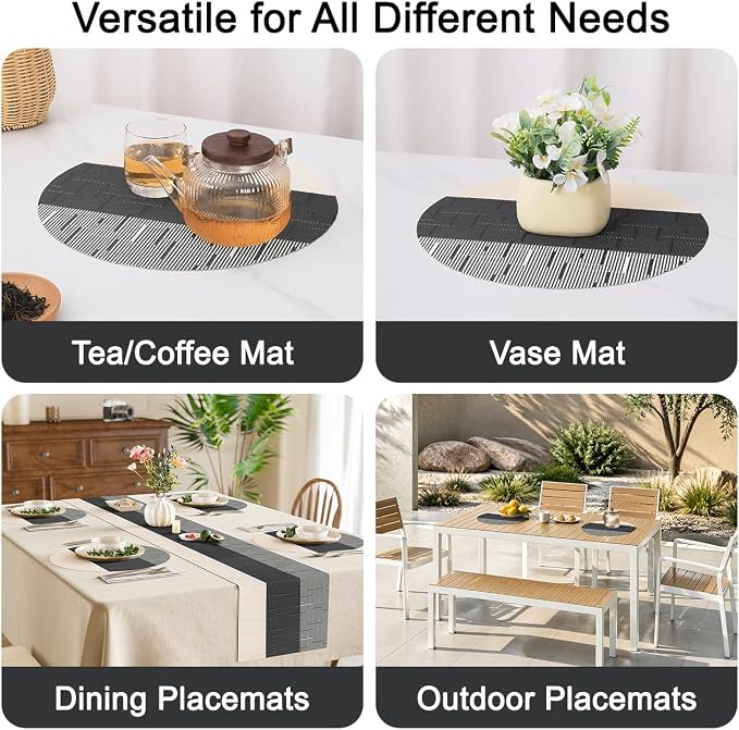 Round Placemats Set of 6, 15 Inch Woven Vinyl Heat Resistant Place Mats, Washable Non Slip PVC Table Mats for Kitchen Dining Party Outdoor Table Decor (Beige Black, 6)
