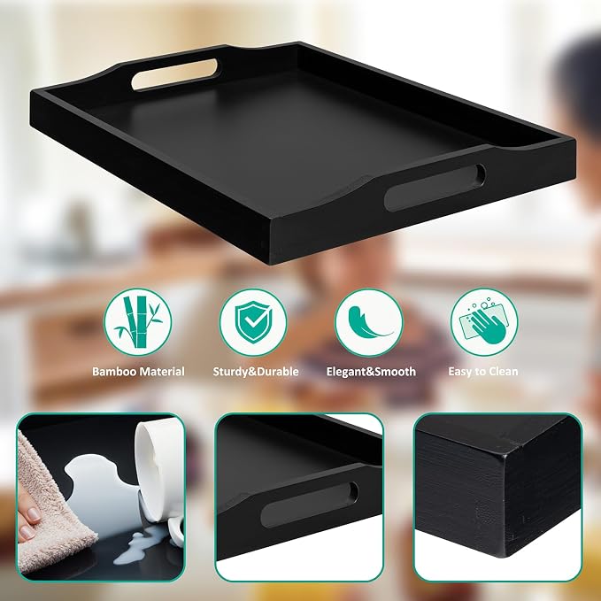 RRX Bamboo Food Serving Tray with Handles,Breakfast Bed Tray (Black) | Wood Tray for Tea, Snack, Dinner, Home Decorative Storage Food, Platter, Ottoman for Kitchen Counter, Bathroom, Restaurant