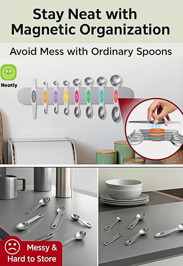 Magnetic Measuring Spoons Set Of 8, Heavy Duty 304 Stainless Steel Metal, Fits in Most Kitchen Spice Jars for Baking & Cooking, BPA Free,Measuring Dry & Liquid Ingredients Rainbow)