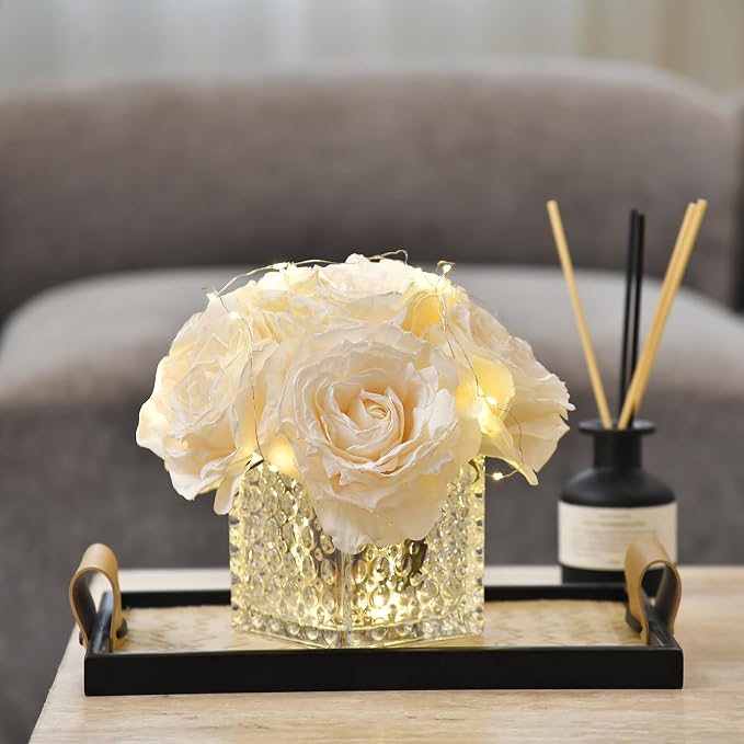Artificial Rose in Glass Vase Vintage Silk Flower Arrangement with LED Light for Table Centerpiece Home Wedding Decoration (Cream)