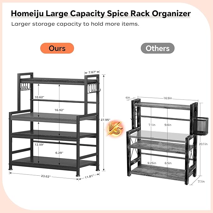 23.6"W Large Kitchen Countertop Organizer, 3 Tier Spice Rack Organizer with Adjustable Shelf and 10 Hooks, Wooden Counter Organizer, Countertop Shelf Microwave Stand for Kitchen, Coffee Bar, Black
