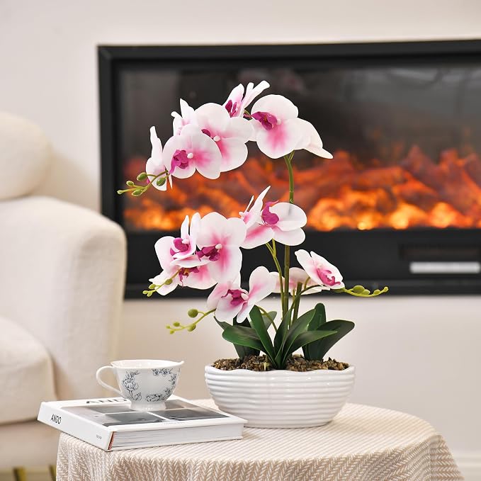 19" H Phalaenopsis Faux Orchid Plant Silk Orchid Centerpiece Artificial Floral Arrangement in Ceramic Pot (White and Pink)