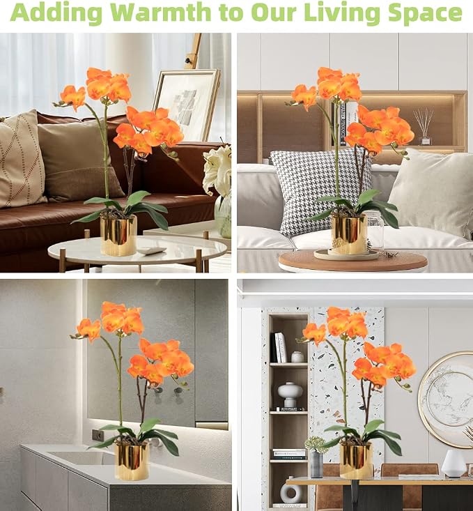 CXGS Artificial Orchid Flower Plant Real Touch Faux Orchids in Ceramic Vase Orange 19.7'' Fake Phalaenopsis Flower Arrangement Centerpiece Home Indoor Decor