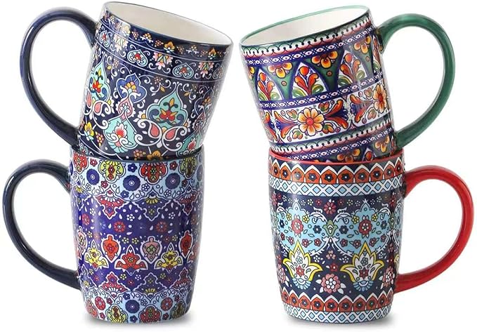 glowworm 16 oz Coffee Mugs Set of 4, Large Ceramic Coffee Cups for Women and Men, Colorful Mugs Set with Handles for Latte, Hot Cocoa, Tea, Dishwasher & Microwave Safe, Bohemian