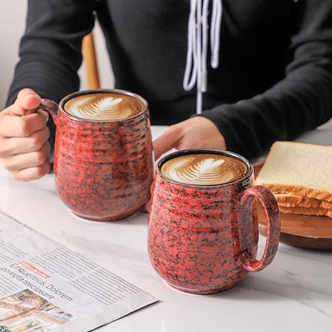 Hasense Large Coffee Mugs Set of 2, Ceramic 20 oz Coffee Cups for Office and Home, Modern Coffee Mug with Big Handle for Latte Coffee Tea Soup as Friend Gifts, Dishwasher and Microwave Safe, Red