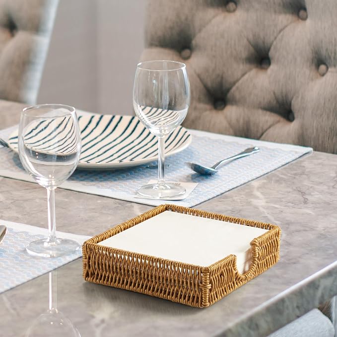 Napkin Holder for Table, Woven Wicker Synthetic Rattan Napkin Holders For Paper Napkins, Napkin Holders for Kitchen Dinner Table Boho Decor and Accessories, Square Napkin Basket and Serving Tray