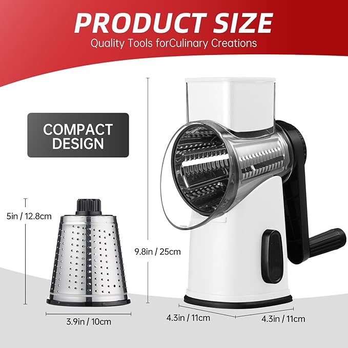 Rotary Cheese Graters with 4 Blades, Hand Crank Cheese Grater with Waffle Slicer, Red, Black and White Cheese Shredder with Suction Base, Easier for Shredding & Grating (White)