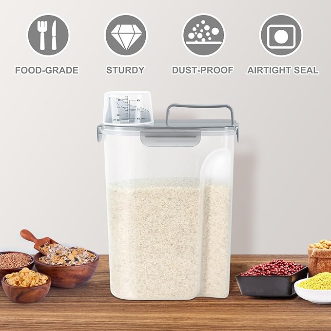 TBMax Rice Container 10 Lbs, Cereal Container Oatmeal Storage, Airtight Food Dispenser with Pouring Spout & Cup for Flour Grain Beans, Pet Dog Cat Food Storage Container-Translucent Grey