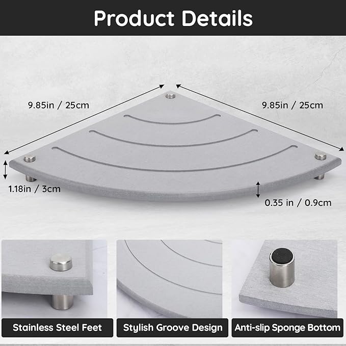 Segbeauty Corner Counter Shelf, 9.85in Water Absorbing Stone Drying Mat for Kitchen Counter, Instant Drying Stone Tray Dish Sponge Holder, Fast Drying Diatomaceous Bathroom Counter Corner Organizer