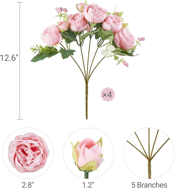 Mkono Peonies Artificial Flowers, Small Silk Flowers for Home Decor Indoor Fake Bouquet Faux Floral Arrangements Dining Table Centerpieces for Kitchen Party Decor Pink