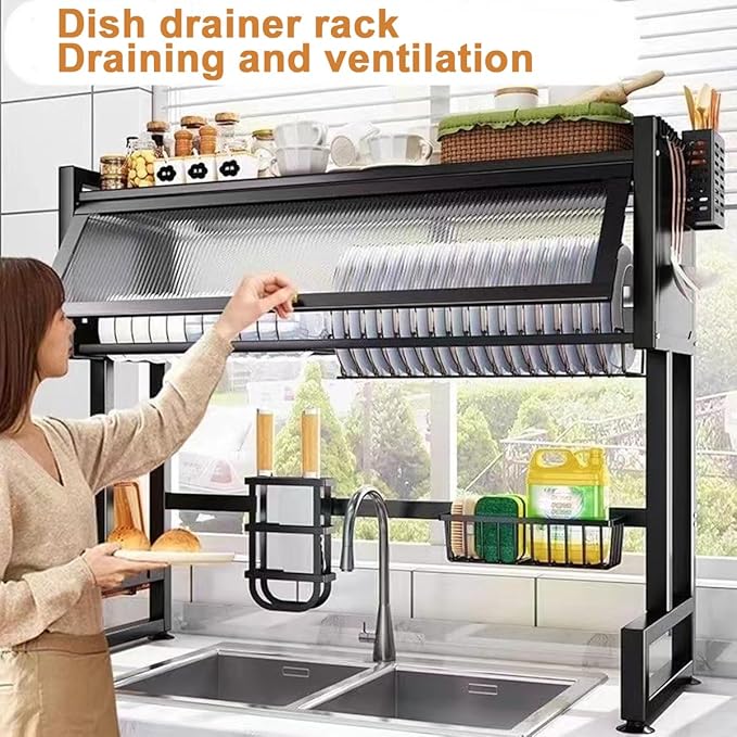 Verida Over the Sink Dish Drying Rack 3 Tier, Over Sink Dish Drain Drying Rack for Kitchen Storage of Dishes and Cutlery, Space Saving Dish Rack with Cover, Black