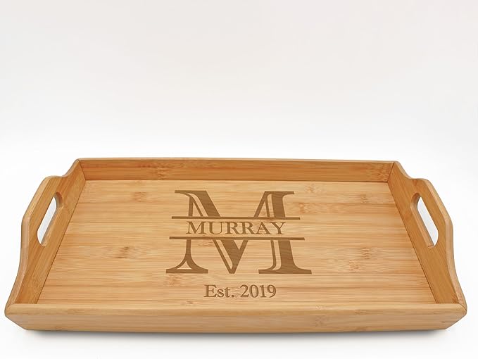 Personalized Bamboo Wood Serving Tray with Handles, Engraved Wooden Trays, Wedding Gifts, Housewarming Gifts (3 Letter Monogram)