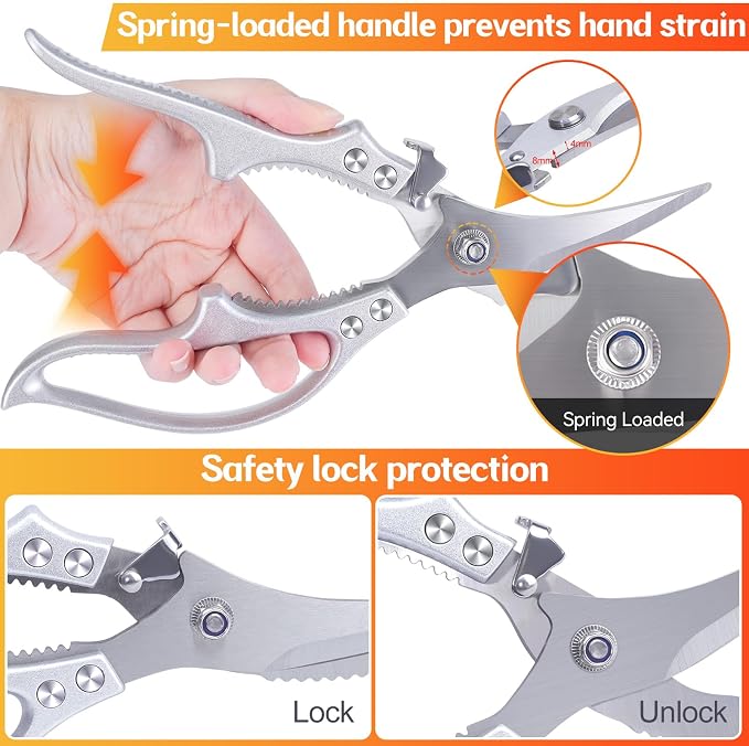 MDHAND Kitchen Shears Set, Heavy Duty Poultry Shears with Anti-Slip Handle & Safety Lock, Kitchen Food Scissors for Meat Chicken Fish Turkey Vegetables, Dishwasher Safe Cooking Scissors, Spring Loaded