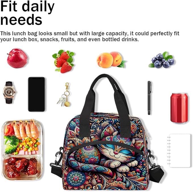 Pardick Art Cat Flower Insulated Lunch Bag for Women Leakproof Lunch Box Large Cooler Thermal Tote Bag with Shoulder Strap Meal Prep Bags for Work School Office Picnic Teen Girls Adult
