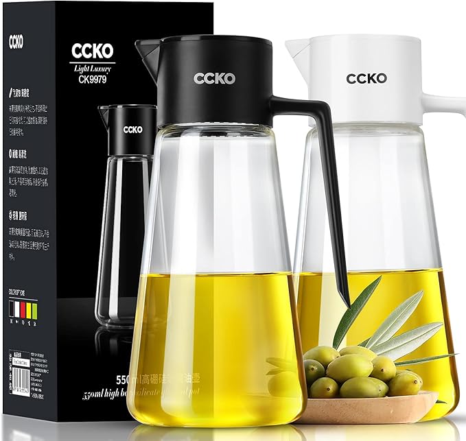 CCKO Olive Oil Dispenser Bottle 19oz Glass Oil Bottle for Kitchen Cooking,Auto Flip Drip Free Cooking Oil Dispenser,Suitable for Soy Sauce,Syrup,Vinegar,Salad Dressing Container (Yellow)