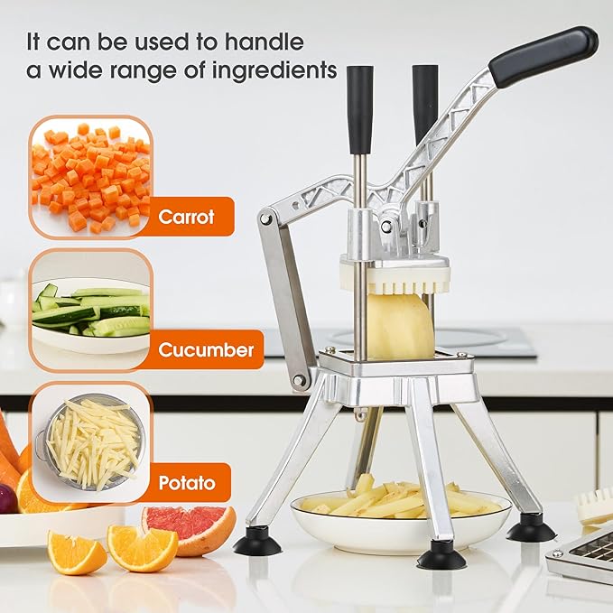 Commercial Vegetable Chopper Potato Dicer & Fruit Slicer, Stainless Steel French Fry Cutter with 3 Replacement Blades(1/2 Inch, 3/8 Inch and 1/4 Inch Blades) for Restaurants & Home Kitchen