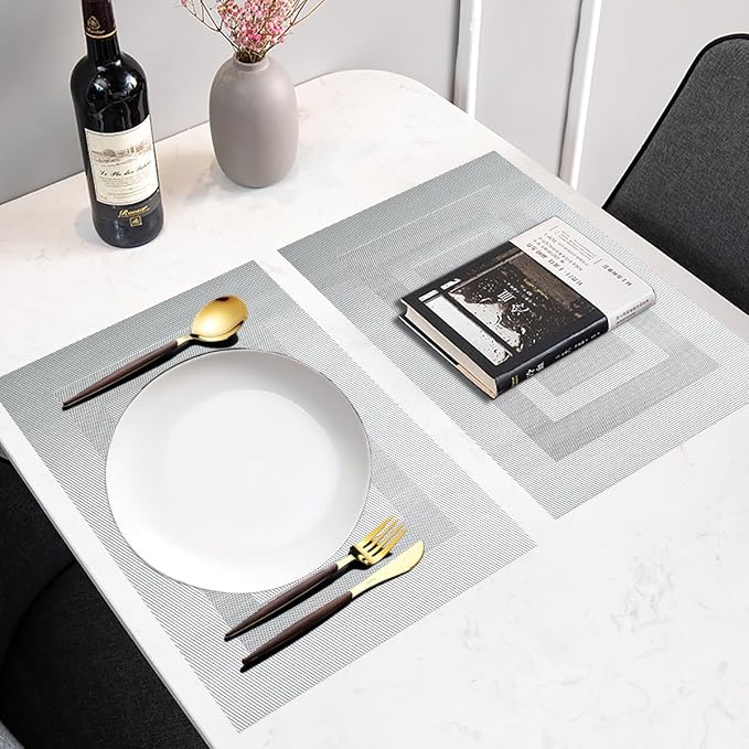 PIGCHCY Placemats Set of 8 Washable Durable Place Mats Vinyl Heat Resistant Non-Slip Table Mats Indoor Outdoor (18 x 12 inches, Bright Silver)