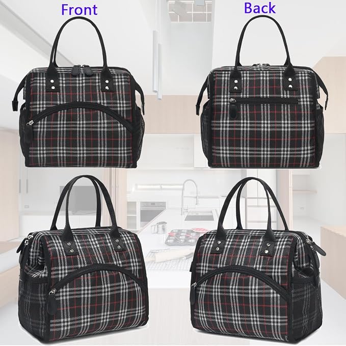FlowFly Insulated Lunch Bag for Women, Men, Large and Reusable, Handle, Work and Travel Tote and Meal Prep Organizer, Black and white checkerboard