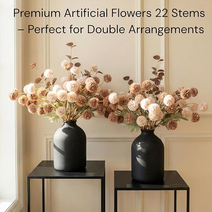 22pcs Artificial Beige & Brown Kiku Flowers with Eucalyptus Stems Bulk, Faux Silk Mum Pom Poms for Vase, Modern Farmhouse Boho Home Decor, Realistic Floral Centerpiece for Kitchen & Living Room