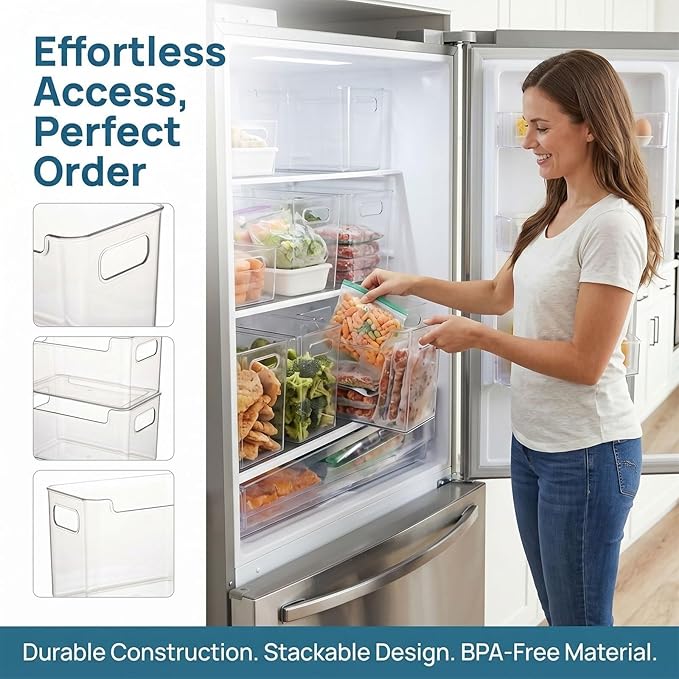 Crystal Clear Freezer Storage Bins, 2026 Upgraded Freezer Drawer Organizer Bins with Handles, Multipurpose Plastic Storage Bins for Refrigerator and Pantry, Easy to(Green,S+L)