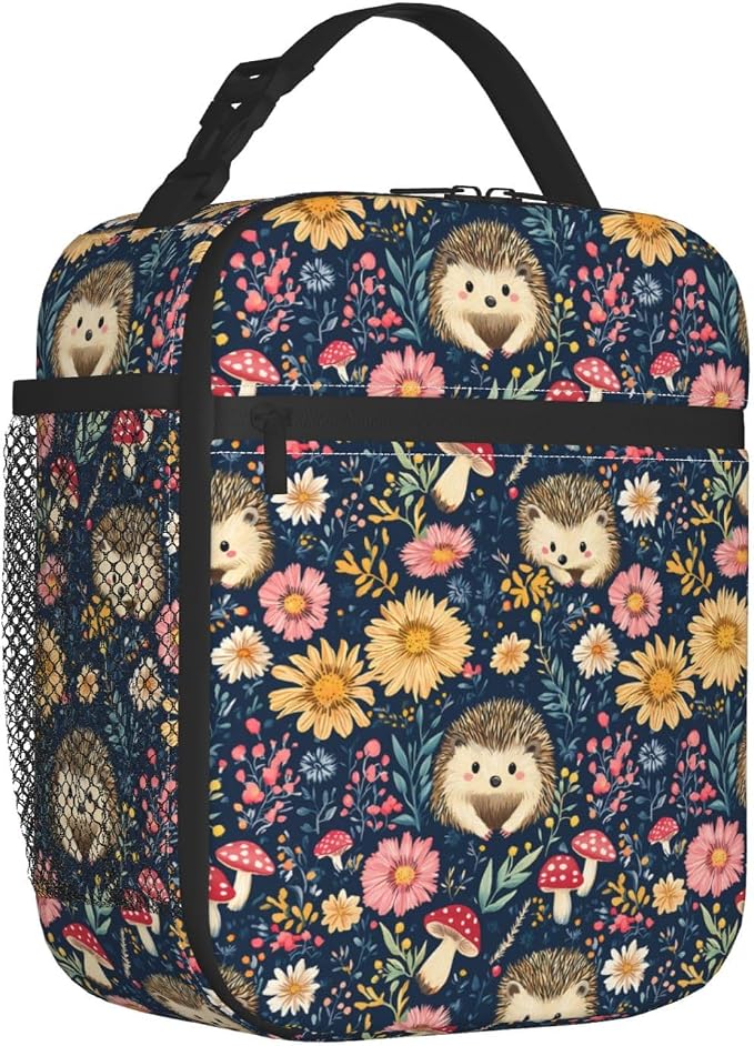 Reusable Hedgehog and Floral Lunch Box for Kids Girls Boys Women Adult, Insulated Cute Woodland Lunch Bag,Polyester Cooler Handbags Case for School Picnic Work Travel Beach or Hiking