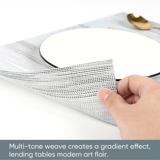 Blue Woven Placemats Set of 6 – Heat Resistant, Waterproof & Easy to Clean – Durable Synthetic Dining Table Mats for Kitchen, Restaurant & Outdoor Use