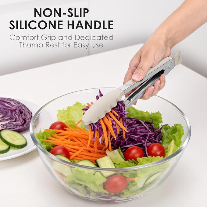 HOTEC Silicone Kitchen Tongs Set of 2-9" and 12" Locking Stainless Steel Cooking Tongs with Silicon Tips Non-Scratch Heat Resistant 600°F for BBQ, Grill, Air Fryer & Serving, Khaki