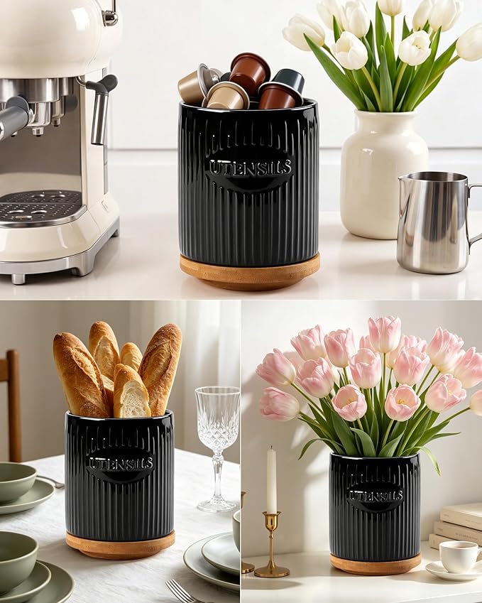 360° Rotating Utensil Holder, 7.6" Large Ceramic Kitchen Utensil Holder for Countertop with Rotatable Bamboo Base, Stable Cooking Utensil Crock, Farmhouse kitchen Decor, Black
