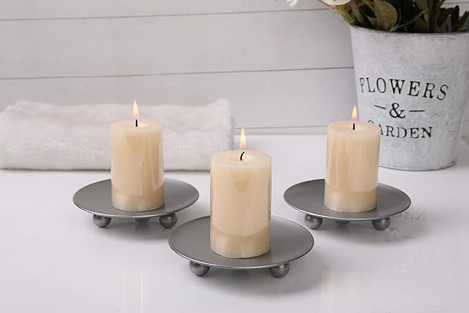 Silver Iron Plate Candle Holder, Decorative Iron Pillar Candle Holder, Set of 3,Candle Stand for Wax Candles