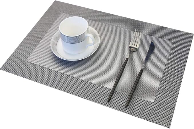 Vinyl Placemats Heat-Resistant Table Mats Washable Easy Clean Plastic Placemats for Dining Table Set of 4 (Dark Silver)