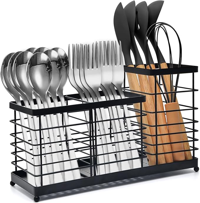 Kitchen Utensil Holder for Countertop, Thickened Stainless Steel Black Utensil Holder with Drainage Base, Large Capacity Kitchen Utensil Organizer with 1 Removable Divider (3 Compartment)