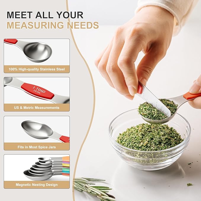 Stainless Steel Measuring Cups & Spoons Set, EWFEN Kitchen Tools Nesting Measuring Cups and Spoons, Fits in Spice Jars for Baking & Cooking, BPA Free, Set of 15 with Leveler, Multicolor