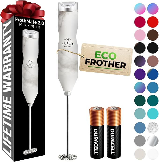 Zulay Kitchen Powerful Frother Wand AA Batteries Included, Ultra Fast Handheld Drink Mixer, Comfort Milk Frother, Stainless Steel Whisker, Frother Handheld for Coffee, Protein & Matcha - Frothmate 2.0