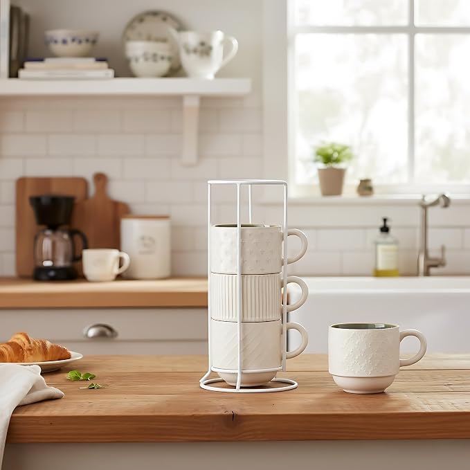 JIEMEI HOME Large Ceramic Coffee Mug Set of 4 with Stand, 15 Oz Stackable Different Embossment Ribbed Latte Cup Set for Cappuccino, Tea, Hot Cocoa, Drinks - Dishwasher & Microwave Safe, White & Green