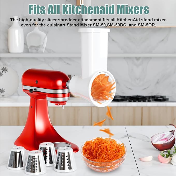 Slicer Shredder Attachment for KitchenAid Stand Mixer, Cheese Grater Attachment for Kitchenaid, Salad Maker, Grinding Powder, Dishwasher Safe with 4 Blades, White