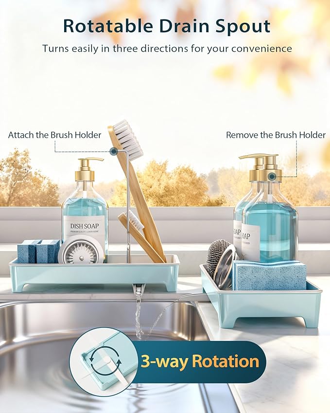Minimalist Sink Caddy, Rustproof Sponge Holder for Kitchen Sink with 304 Stainless-Steel Brush Holder, Countertop Rack Organizer with Raised Ridges & Silicone Drain Tube (Pastel Blue, Large)