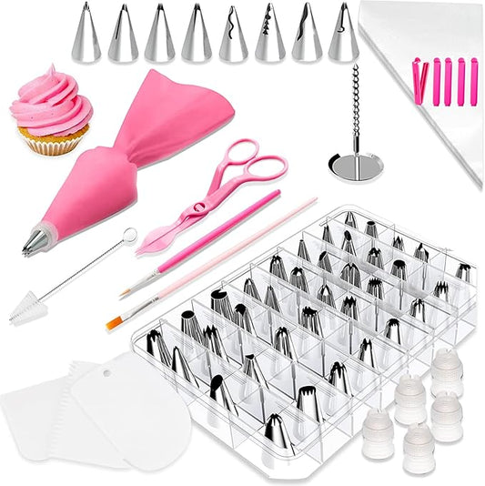 83 Pieces Stainless Steel Icing Piping Nozzle Tip Set with 44 Numbered Icing Tipsand Frosting Tools for Cake DIY, Cake Decorating Kits in a Box for Beginners, Pink