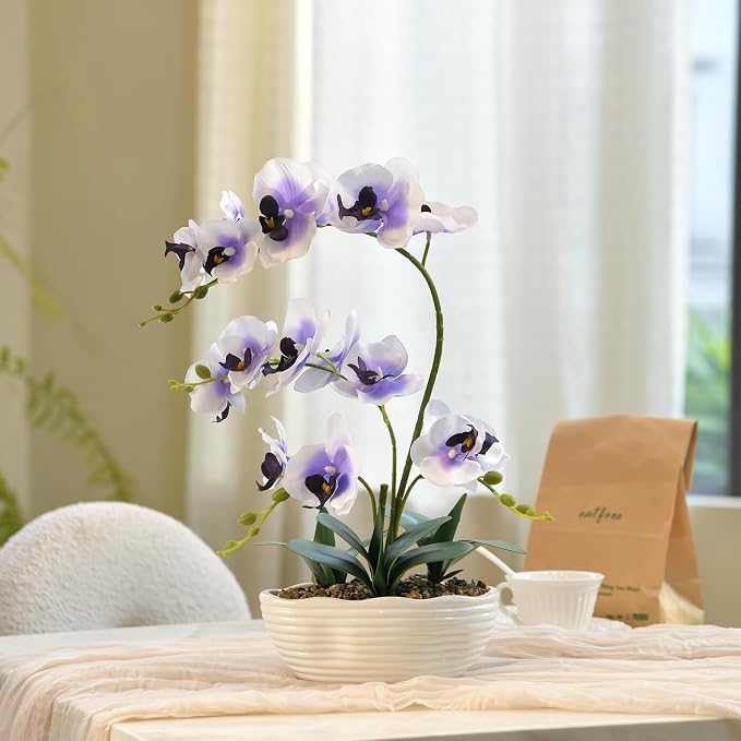 19" H Phalaenopsis Faux Orchid Plant Silk Orchid Centerpiece Artificial Floral Arrangement in Ceramic Pot (White and Purple)